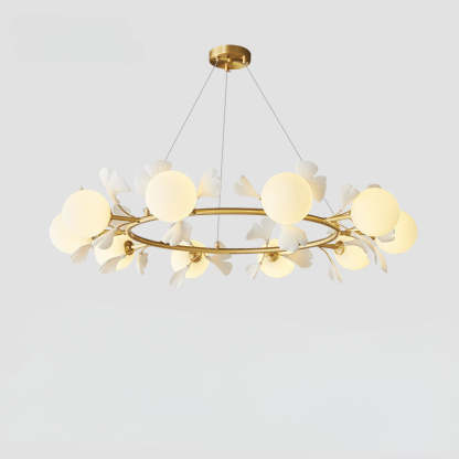 Lassola Olivia Chandelier: Gold ring design with leaf and orb accents