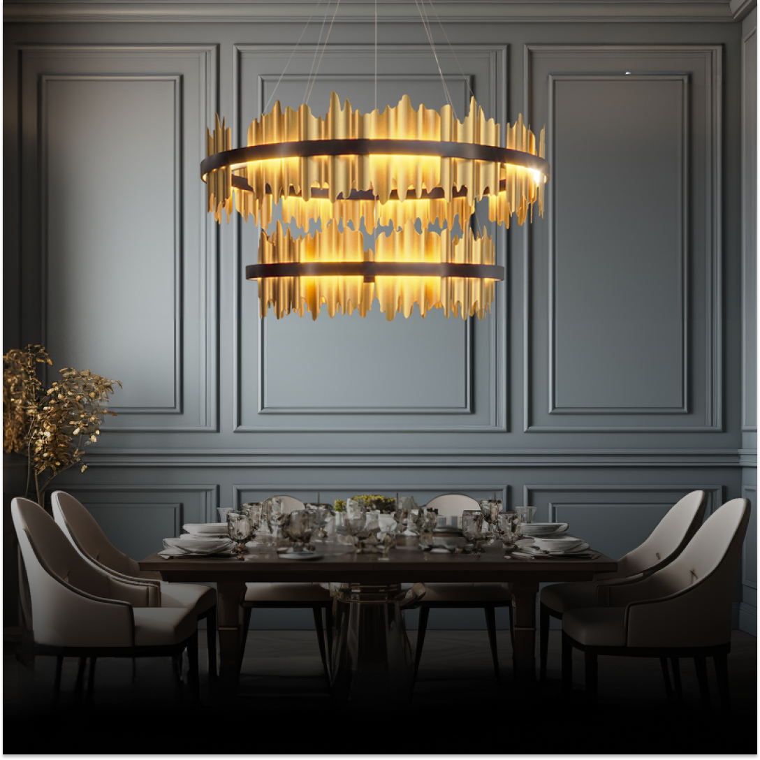 Marilyn Chandelier above a dining table, Lassola lighting