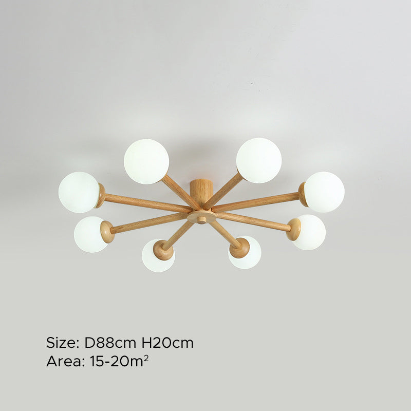 Ozawa 8-head ceiling light. Wooden & glass modern lighting.