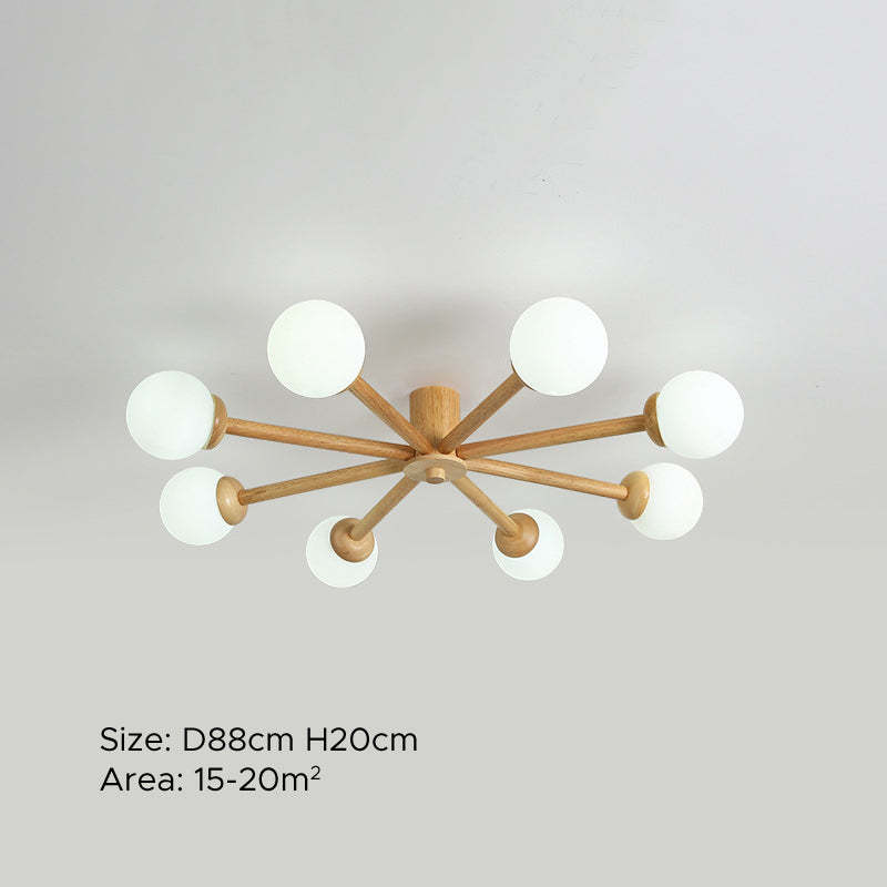 Ozawa 8-head ceiling light. Wooden & glass modern lighting.
