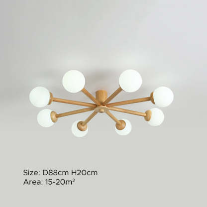 Ozawa 8-head ceiling light. Wooden & glass modern lighting.