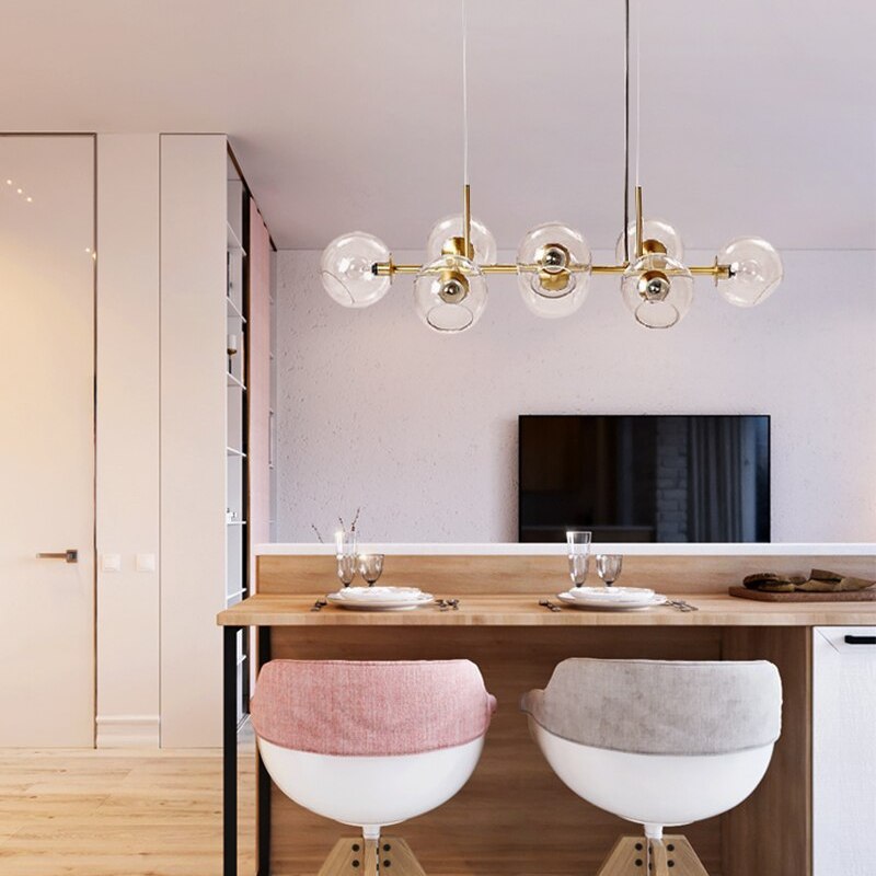 Glass globe pendant light over kitchen island. Modern lighting. Valentina Modern Glass Globe Bubble Pendant Light Living Room