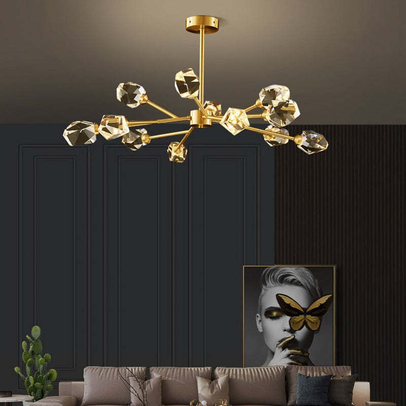 Golden crystal chandelier in a luxurious living room setting
