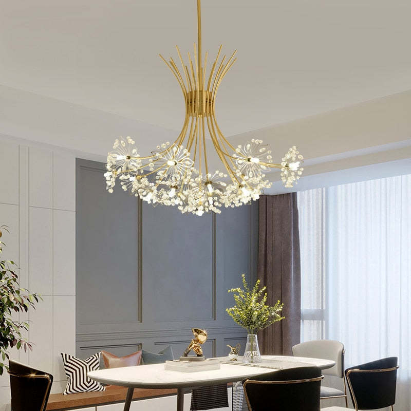 Gold Crystal Sputnik Chandelier in Dining Room. Art Deco Lighting.