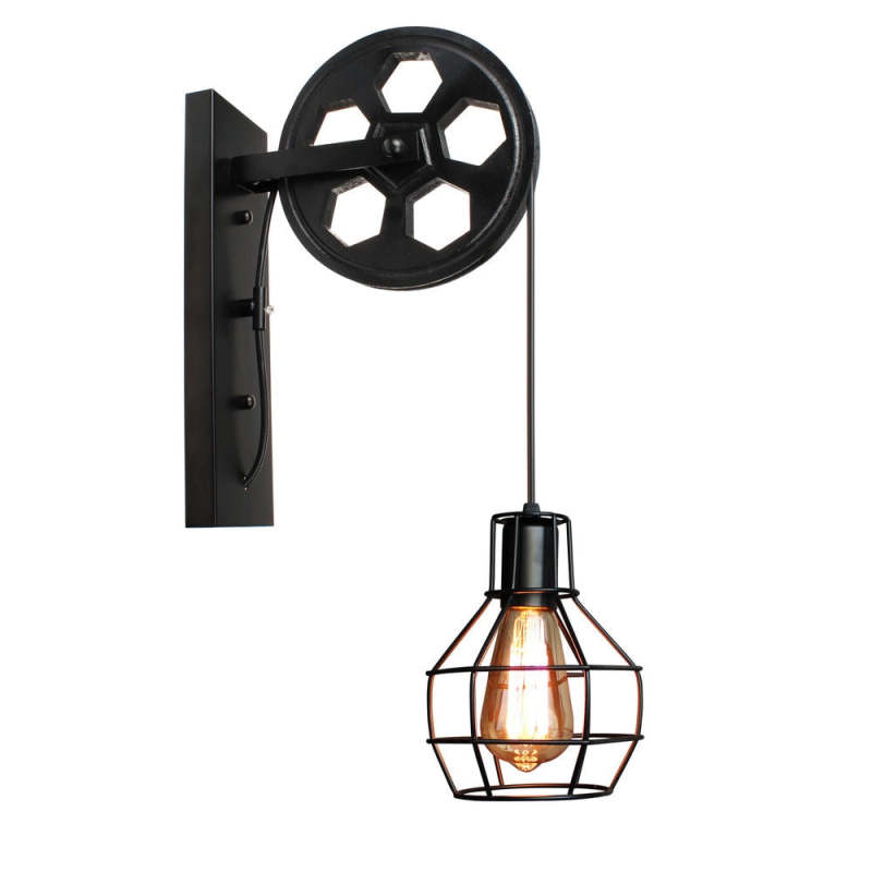 Alessio Retro Pulley Wall Lamp, Black Metal