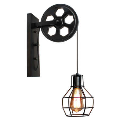 Alessio Retro Pulley Wall Lamp, Black Metal