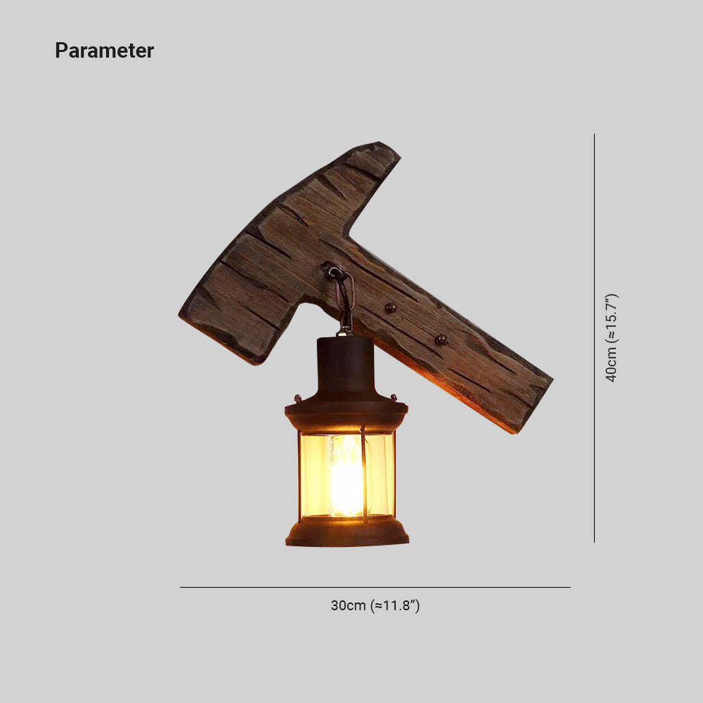 Hammer-shaped wood/metal wall lamp for living room