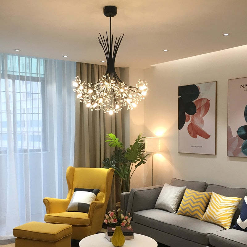 Black Lily Crystal Sputnik Chandelier in Living Room. Art Deco lighting.