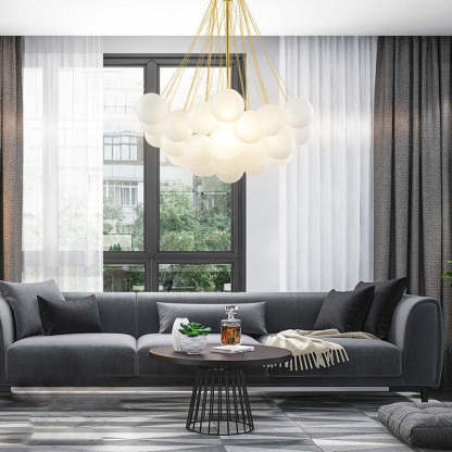 Valentina glass globe pendant light over gray sofa. Modern lighting. Valentina Glass Globe Pendant Light Bubble