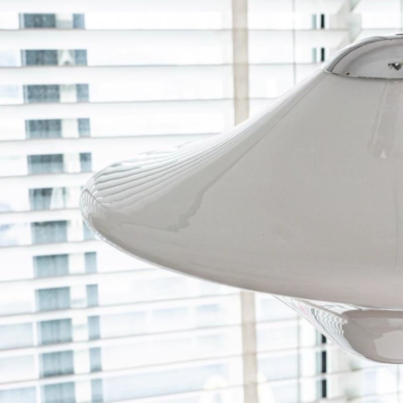 Hailie UFO Pendant Light, white metal and glass detail