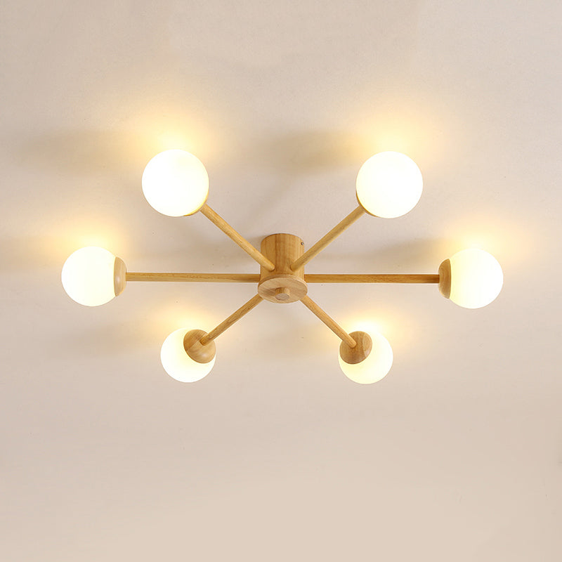Ozawa 6-head ceiling light. Modern wood & glass fixture.