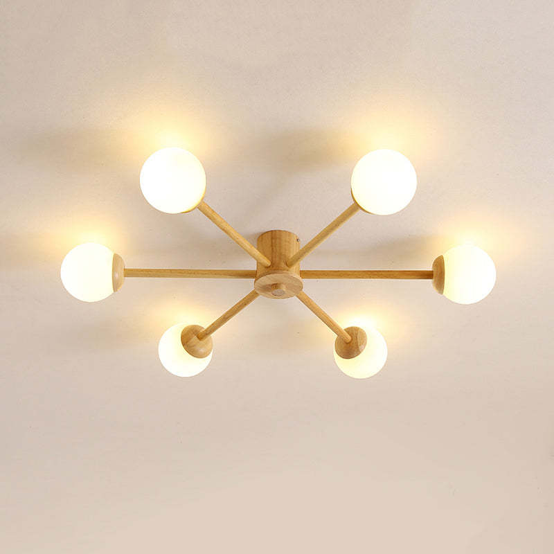 Ozawa 6-head ceiling light. Modern wood & glass fixture.