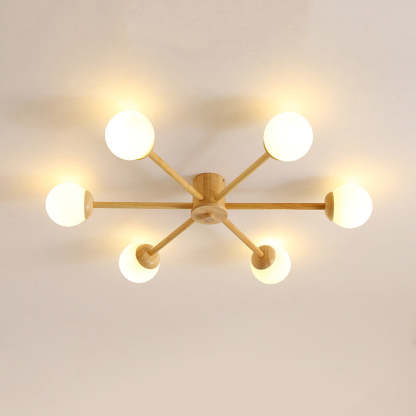 Ozawa 6-head ceiling light. Modern wood & glass fixture.