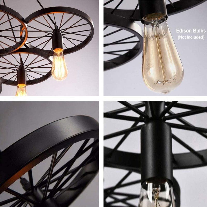 Black Alessio wagon wheel pendant light with Edison bulb
