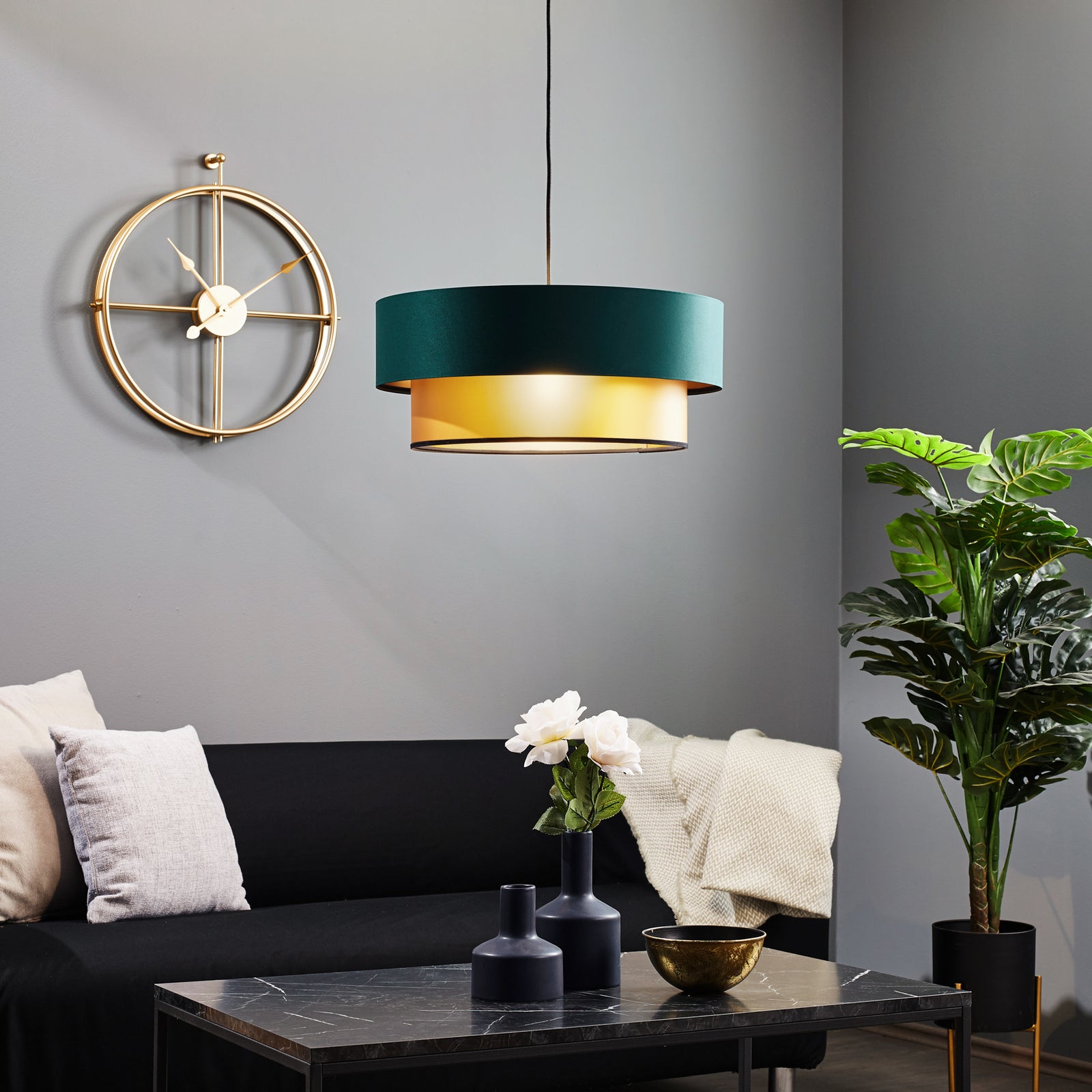 Green & gold Morandi pendant light in a modern living room