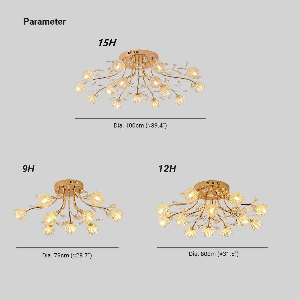 Valentina flower chandelier size comparison, LED, Gold finish