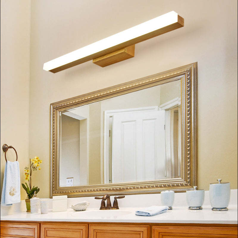 Wooden Minimalist Wall Lamp above Bathroom Mirror