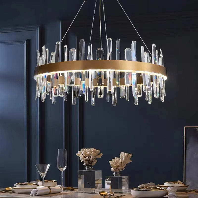 Modern crystal chandelier over dining table