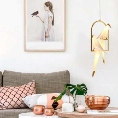 Nordic bird pendant light in modern living room. Las Sola lighting.