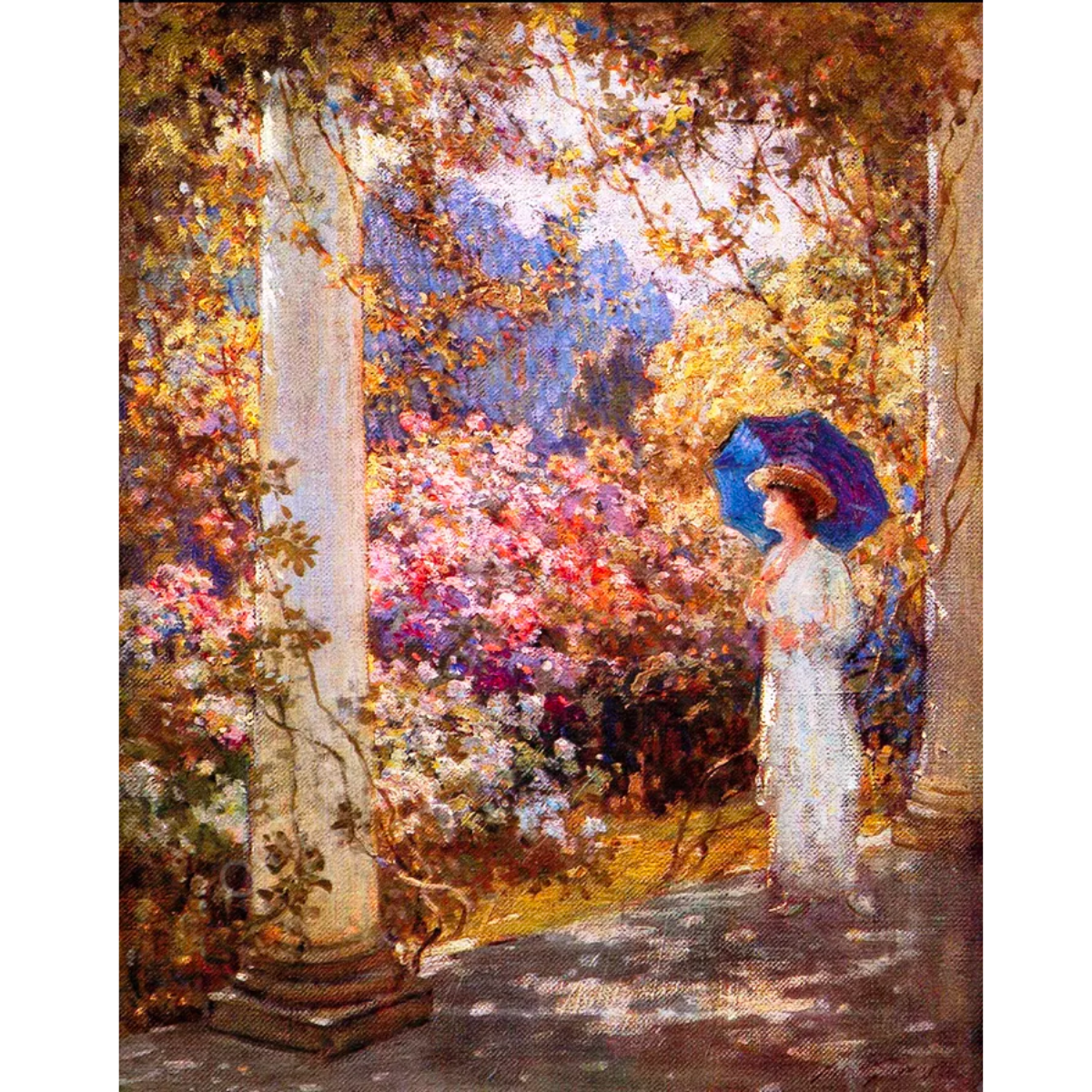 Vintage wall art print: A woman with umbrella in a garden by Abbott Fuller Graves
