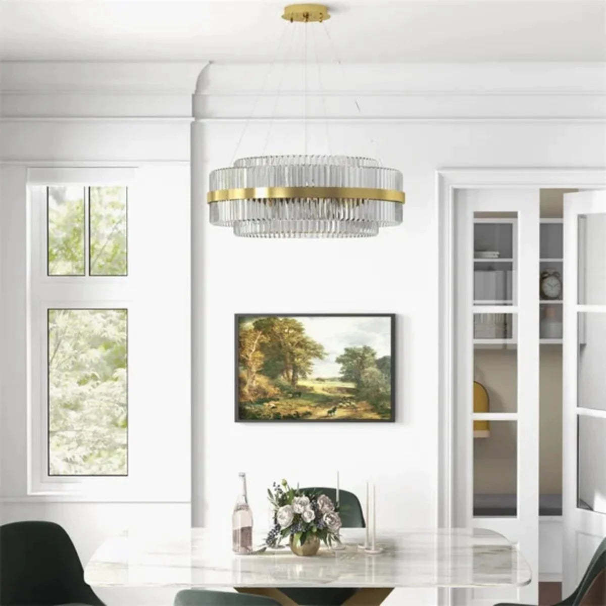 Marilyn Chandelier in dining room setting, elegant lighting