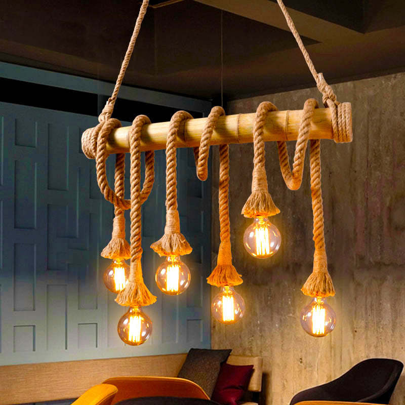 Alessio Pendant Light: Farmhouse wood & rope chandelier Alessio Vintage Wood/Rope Pendant Light, Farmhouse, Living Room
