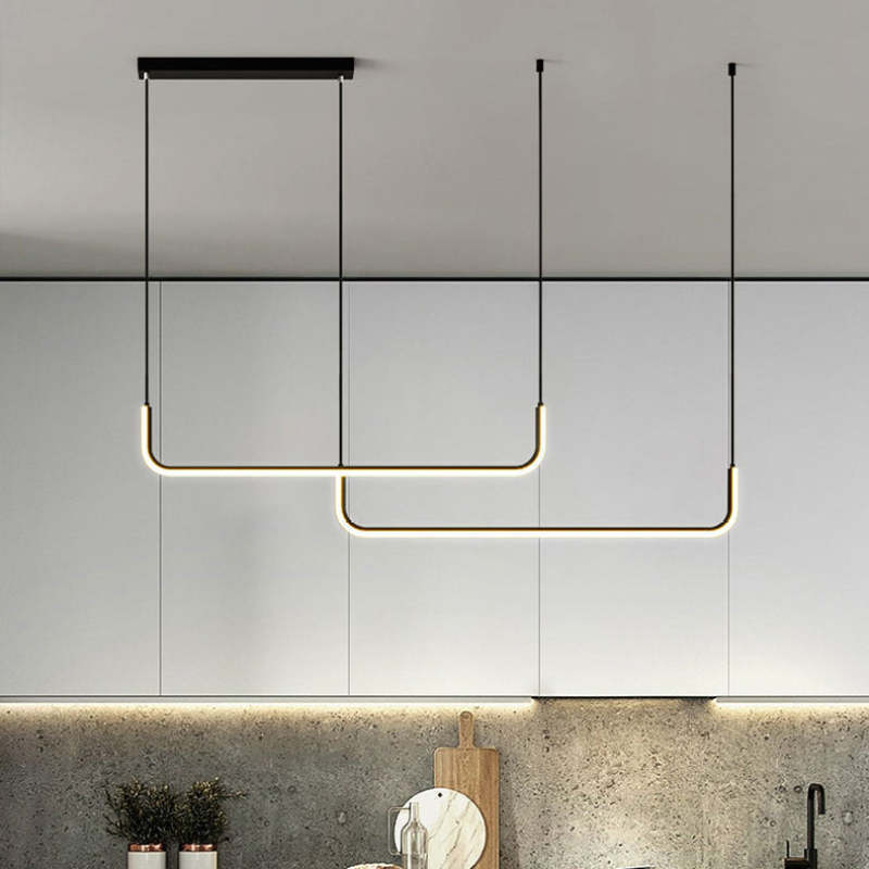 Modern linear pendant light, double frame design in black and gold.
