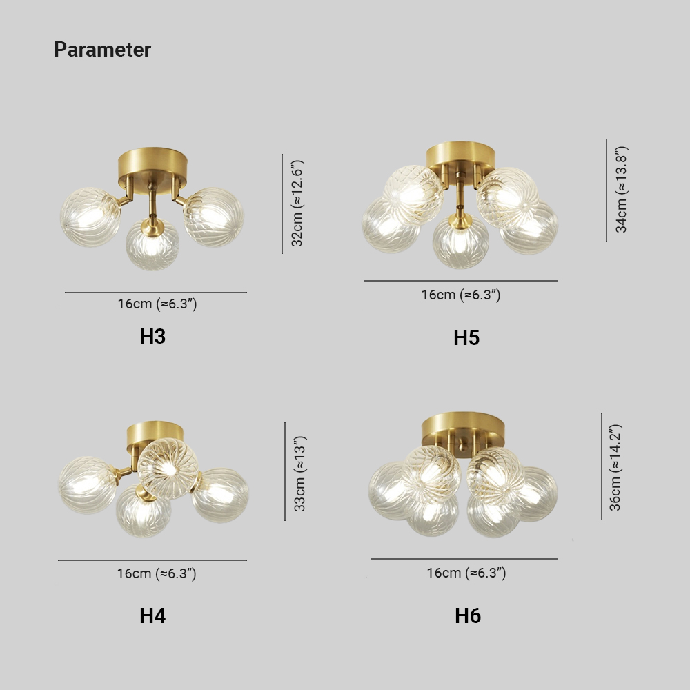 Valentina Ceiling Light Sizes: H3, H4, H5, H6. Dimensions in cm/inches