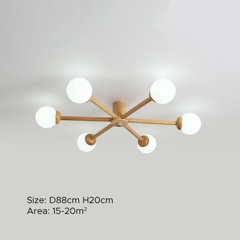 Ozawa 6-light ceiling lamp. Wooden & glass modern lighting.
