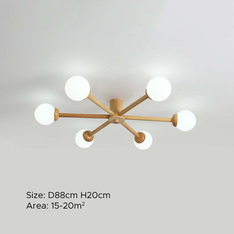 Ozawa 6-light ceiling lamp. Wooden & glass modern lighting.