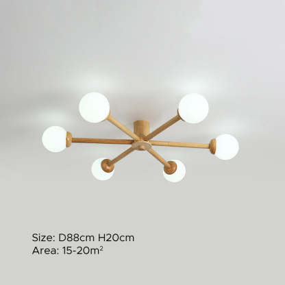 Ozawa 6-light ceiling lamp. Wooden & glass modern lighting.