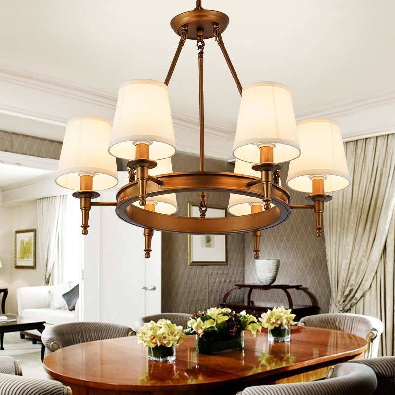 Copper Alessio Chandelier with Fabric Shade. Vintage Ring Lighting Fixture.