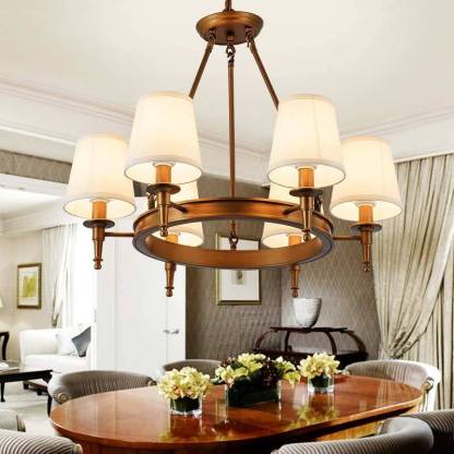 Copper Alessio Chandelier with Fabric Shade. Vintage Ring Lighting Fixture.