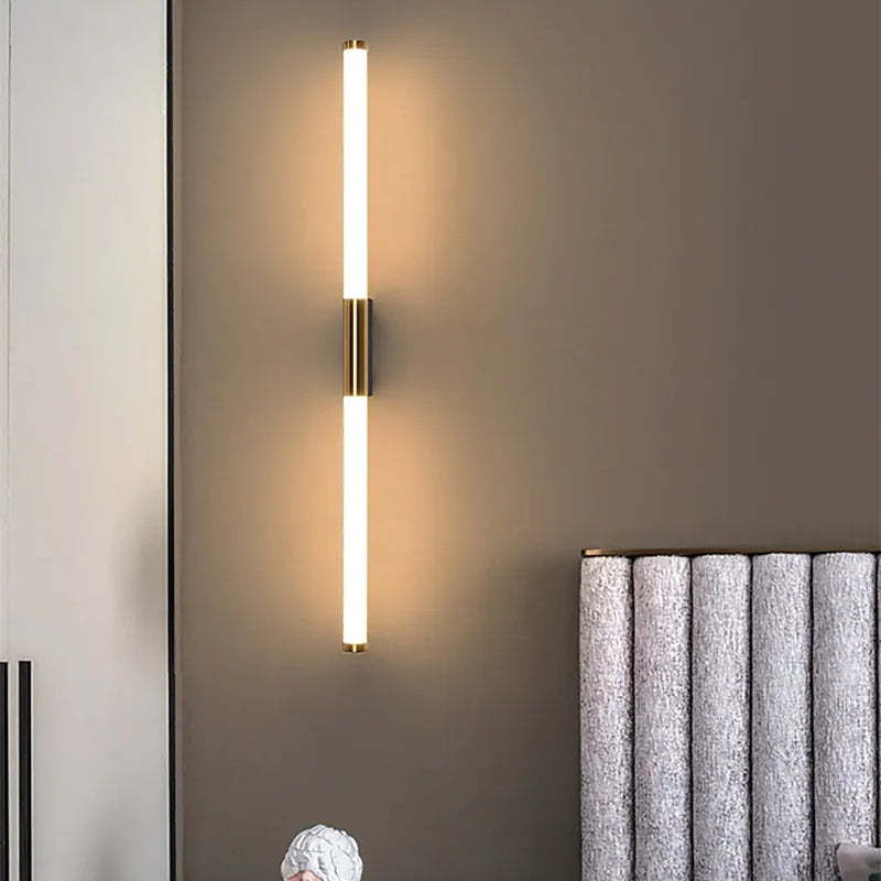 Leigh minimalist metal wall lamp with gold accent in bedroom