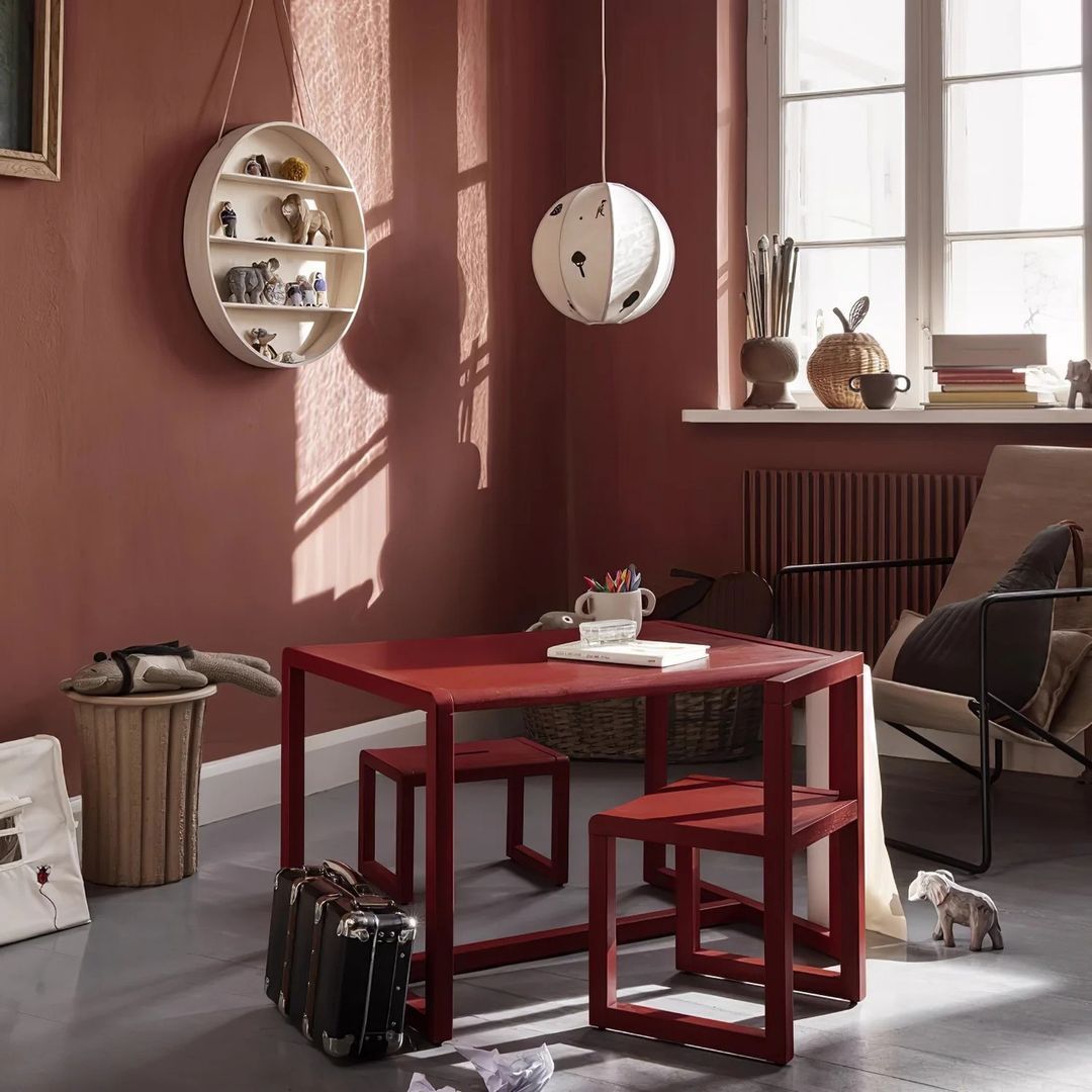 Ritta Design Globe Pendant Light in bedroom, red decor