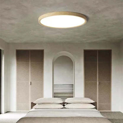 Modern wood ceiling light. Ozawa flush mount in bedroom.