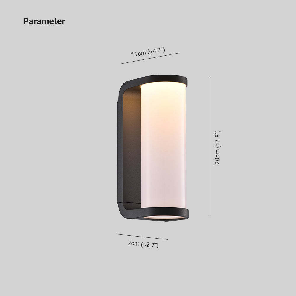 Orr modern outdoor wall lamp dimensions, metal cylinder light.