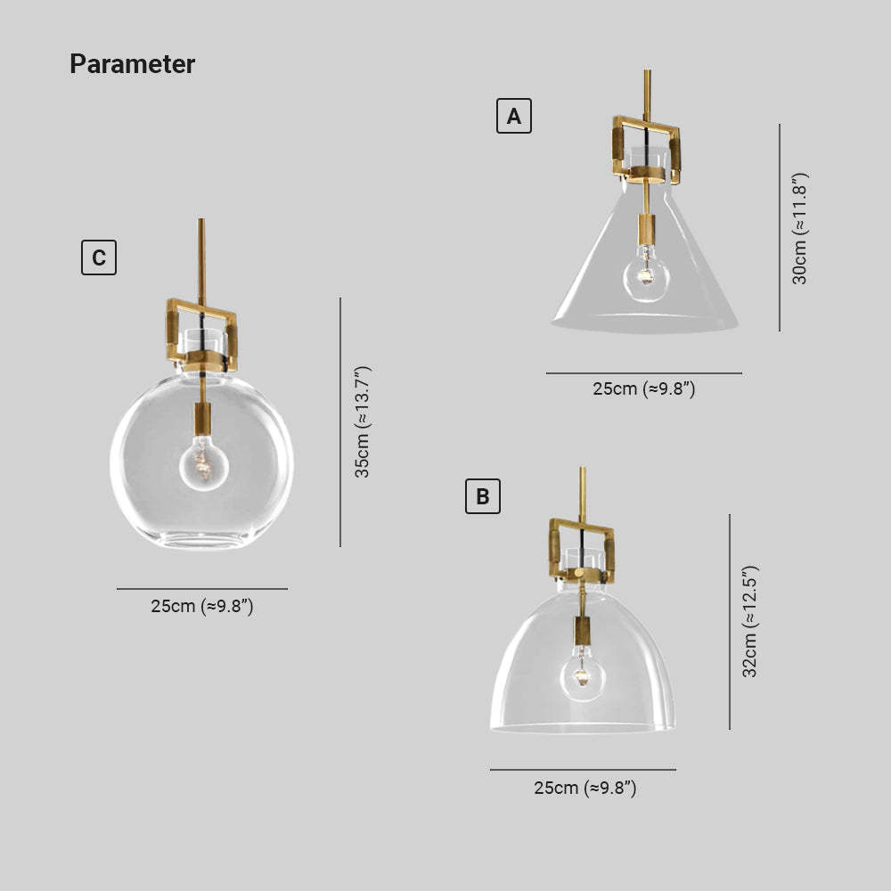 Cairns Pendant Light Dimensions, Glass & Brass