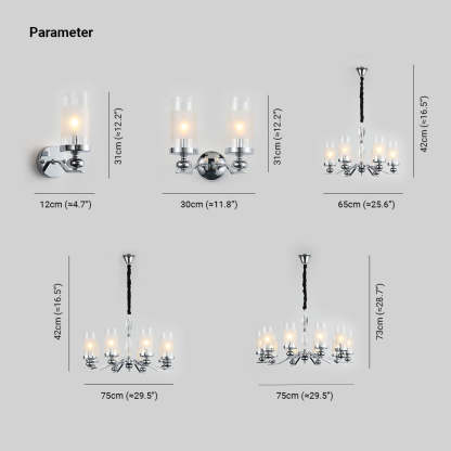 Alessio Chandelier dimensions: wall lamp, 2-bulb, 6-bulb, 8-bulb
