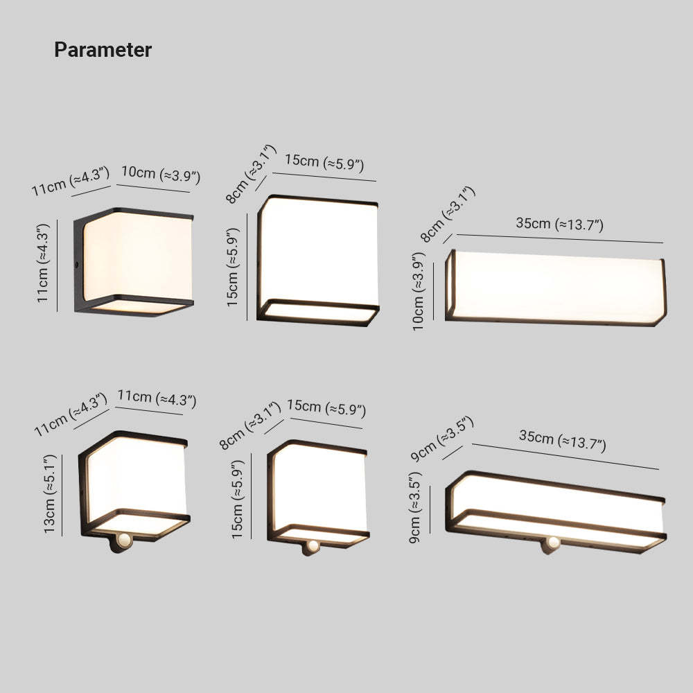 Orr outdoor wall lamp dimensions: minimalist, solar, acrylic shade.