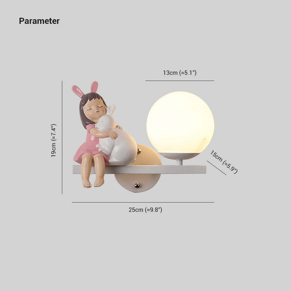 Minori Wall Lamp dimensions. Featuring a girl and rabbit design.