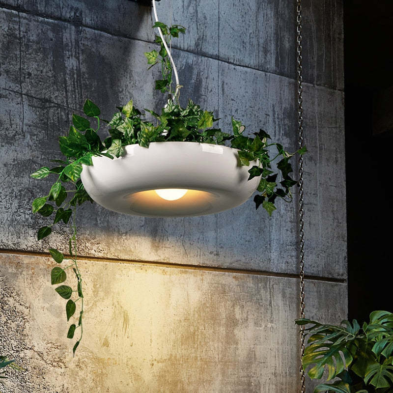 Nest pendant light with plants. Modern metal living room light.