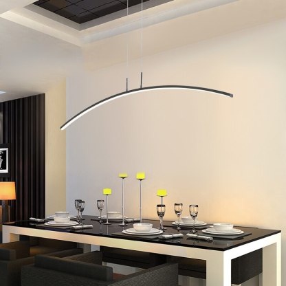 Curved linear LED pendant light for modern dining room.