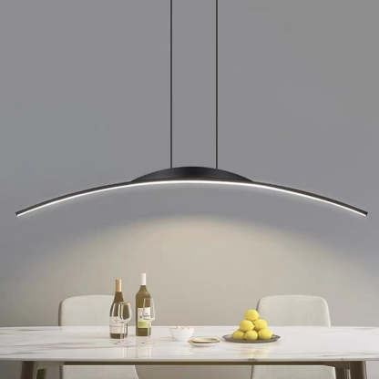 Linear LED pendant light above dining table.