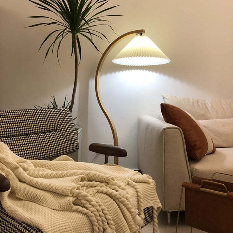 Ozawa LED Floor Lamp in cozy living room setting. Modern wood and metal lighting. Ozawa Unique LED Floor Lamp Wood/Metal Bedroom/Living Room