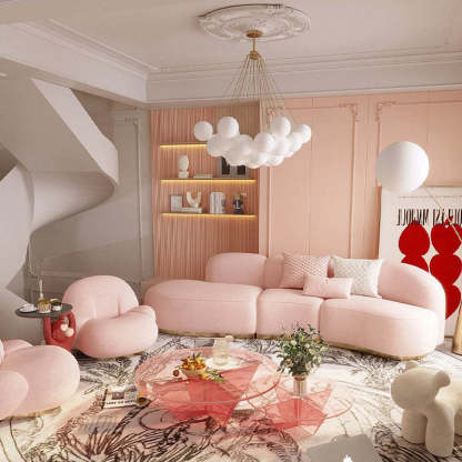Pink living room with Valentina pendant light. Las Sola lighting. Valentina Glass Globe Pendant Light Bubble