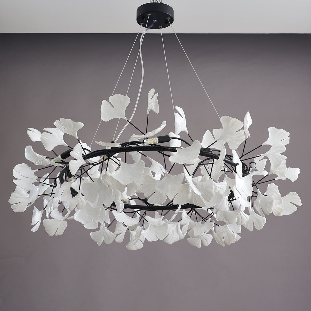 Olivia Chandelier: White ceramic leaf design, modern lighting