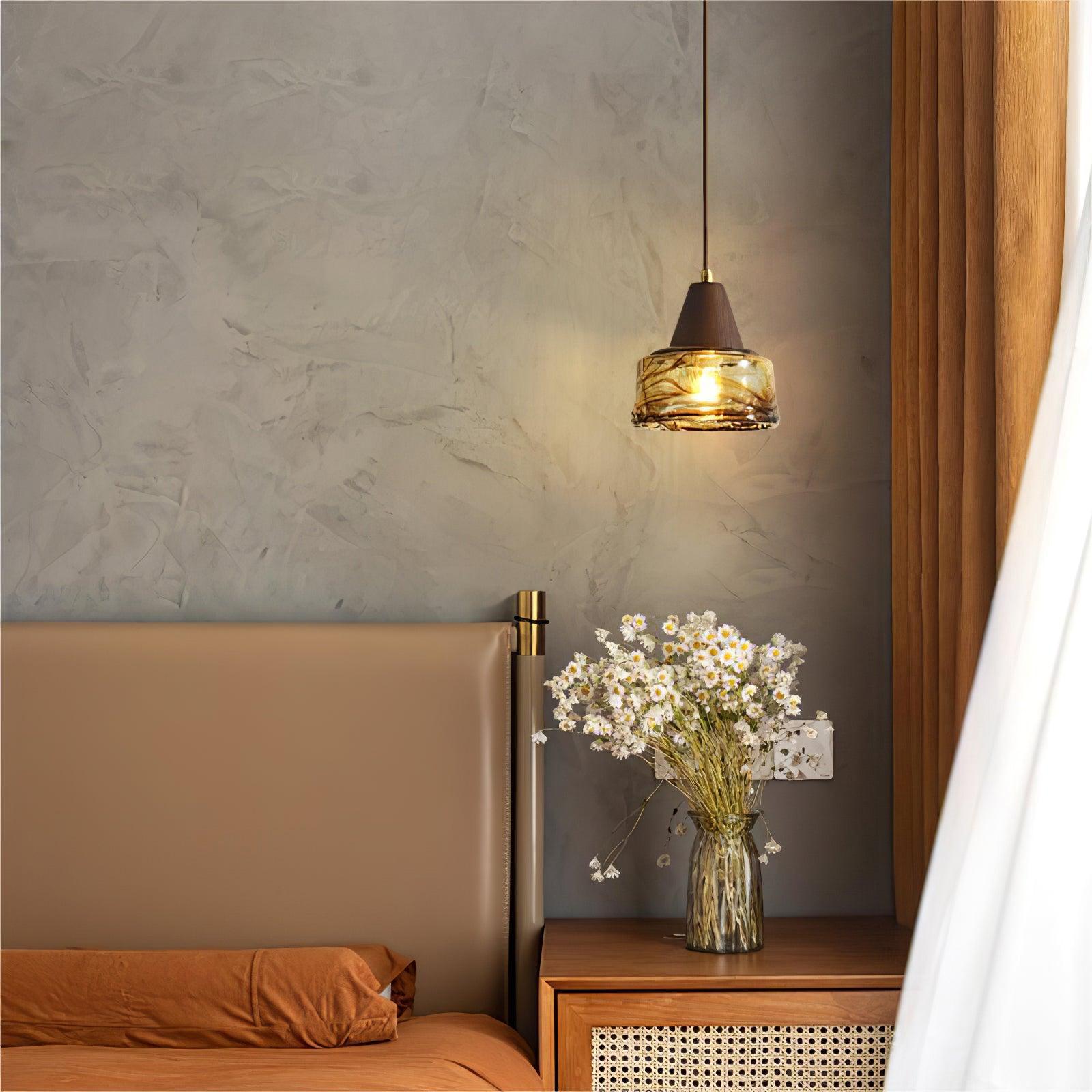 Hailie Vintage Round Wood Glass Pendant Light Dining Room Bedroom