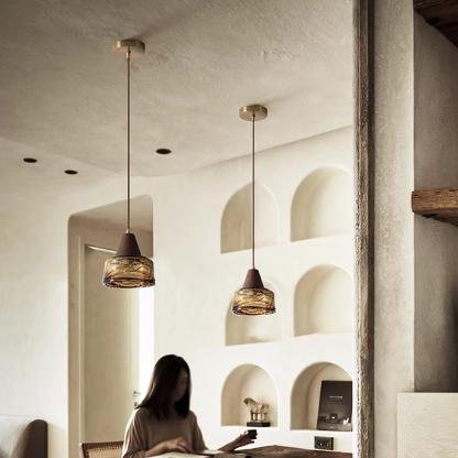 Hailie Vintage Round Wood Glass Pendant Light Dining Room Bedroom