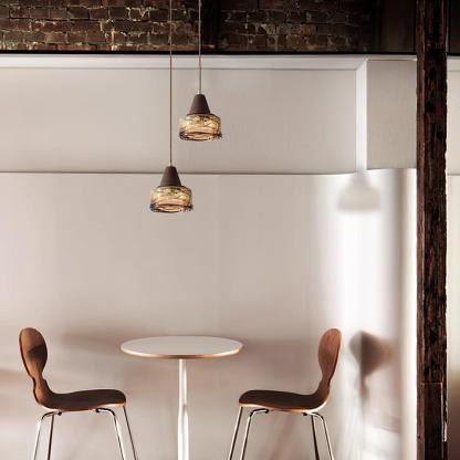 Hailie Vintage Round Wood Glass Pendant Light Dining Room Bedroom